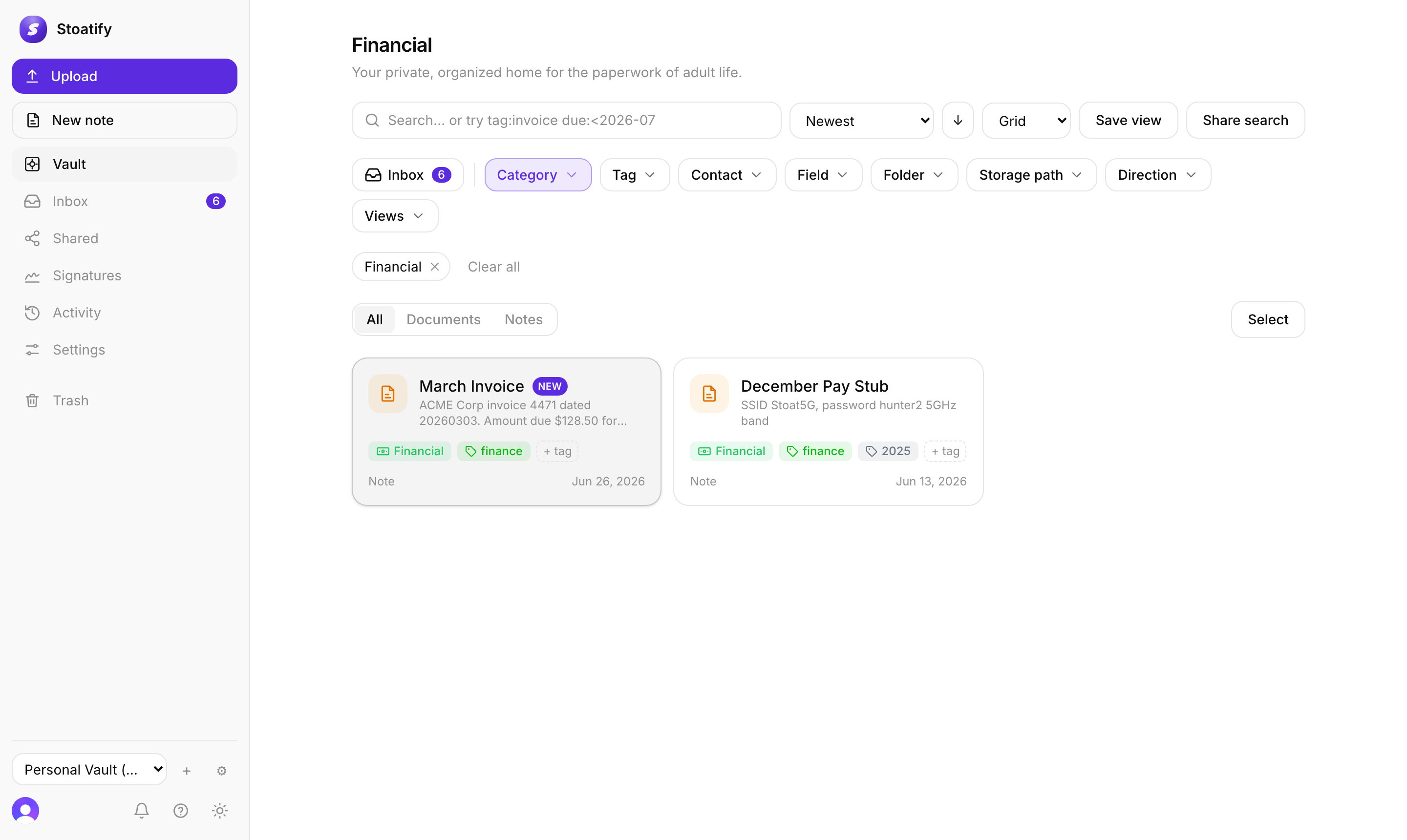 Stoatify document grid with categories, tags and saved views