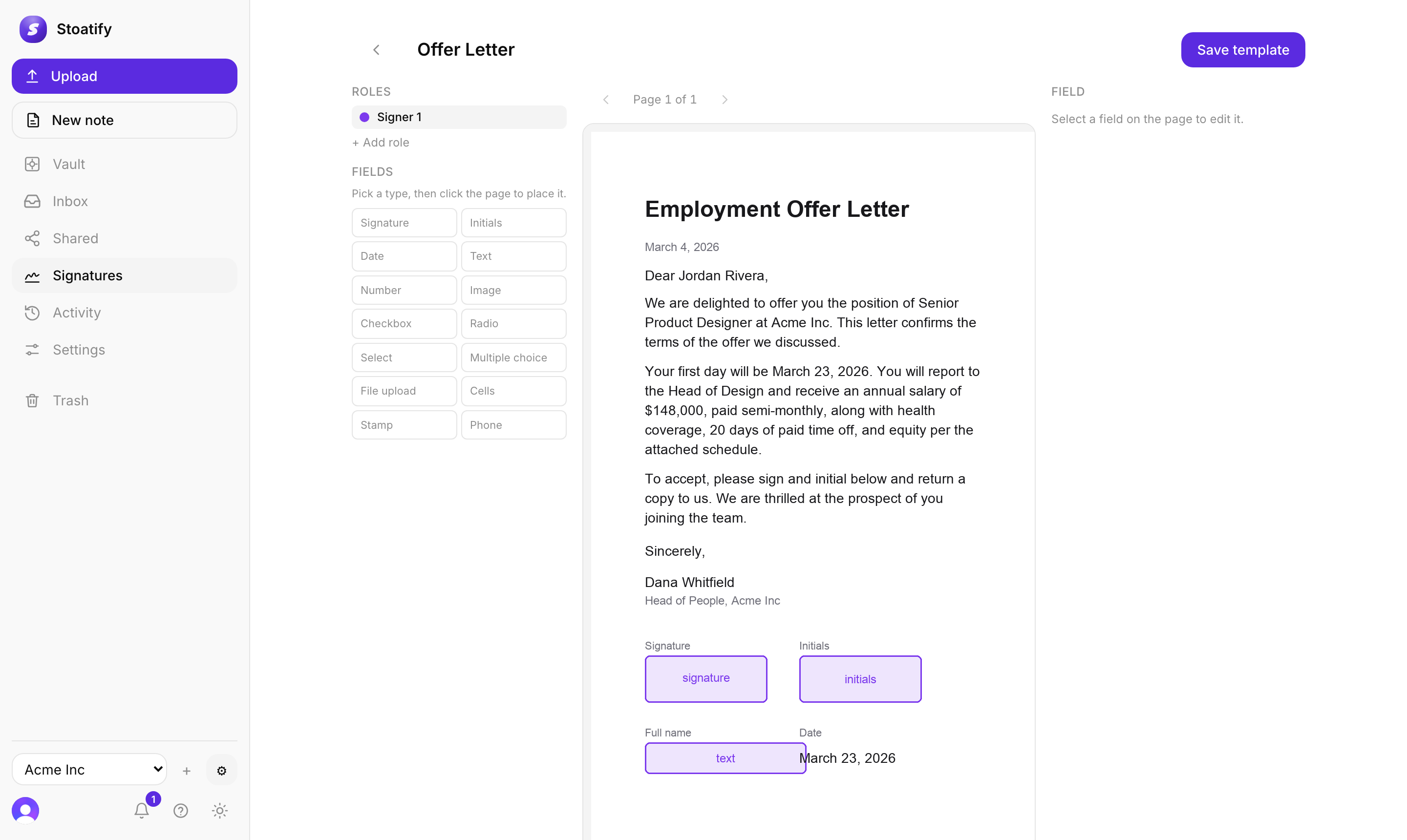 E-signature template editor in Stoatify
