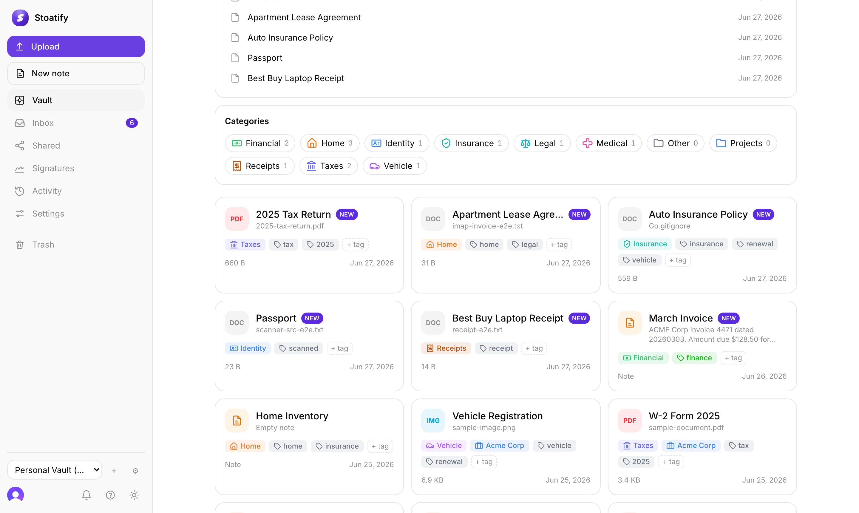 Stoatify vault with documents grouped into color-coded categories