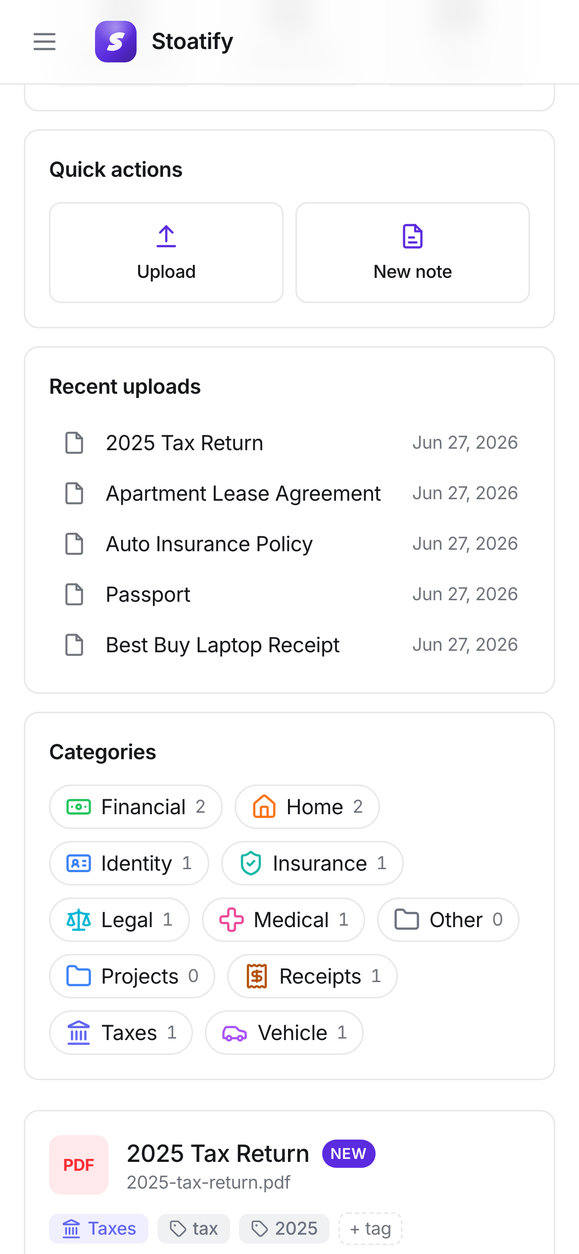 Stoatify vault with documents grouped into color-coded categories